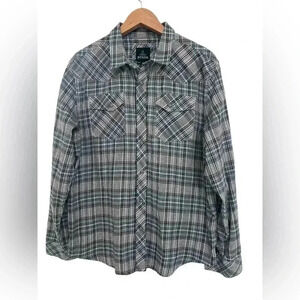 Prana Men’s Pearl Snap Shirt Gray Blue Plaid Size Large